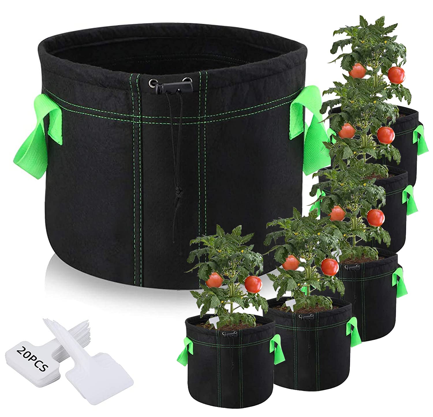 venrey 6-Pack 5 Gallon Plant Grow Bags, Premium Aeration Nonwoven Cloth Fabric Grow Bags with Sturdy Handle and Shrink String, Flowers/Vegetable Pots Container for Nursery Garden Planting