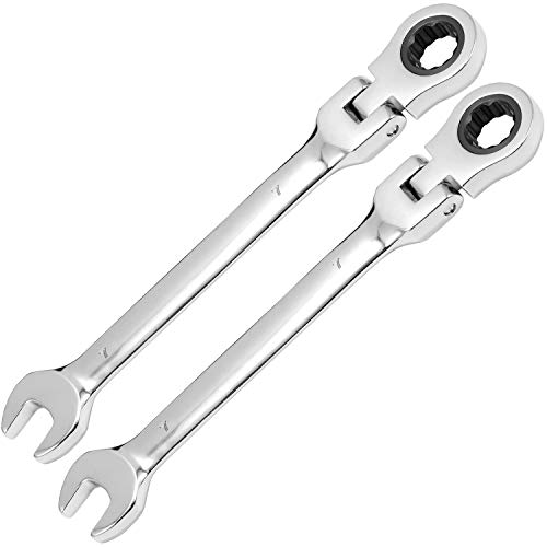 KINJOEK 2 PCS 7mm 12PT Flex Head Ratchet Wrench, Metric Ratcheting Wrench Set with 5° Movement and 72 Teeth for Projects with Tight Space