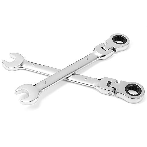 KINJOEK 2 PCS 7mm 12PT Flex Head Ratchet Wrench, Metric Ratcheting Wrench Set with 5° Movement and 72 Teeth for Projects with Tight Space