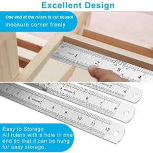 3PCS Stainless Steel Ruler, Metal Ruler Set (6 8 12 inch), Steel Ruler with Inch and Metric, Machinist Ruler, Metric Ruler, Imperial Ruler, for School, Office, Home, Engineer, Craft