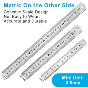 3PCS Stainless Steel Ruler, Metal Ruler Set (6 8 12 inch), Steel Ruler with Inch and Metric, Machinist Ruler, Metric Ruler, Imperial Ruler, for School, Office, Home, Engineer, Craft