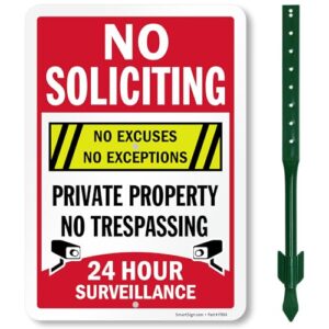 SmartSign “No Soliciting No Excuses - Private Property, No Trespassing, 24 Hour Surveillance” Sign for Lawn | 21” Tall Stake & Sign Kit