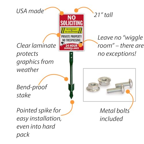 SmartSign “No Soliciting No Excuses - Private Property, No Trespassing, 24 Hour Surveillance” Sign for Lawn | 21” Tall Stake & Sign Kit