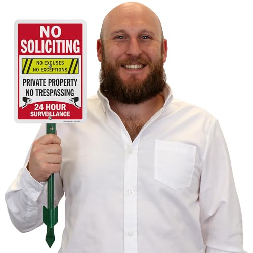 SmartSign “No Soliciting No Excuses - Private Property, No Trespassing, 24 Hour Surveillance” Sign for Lawn | 21” Tall Stake & Sign Kit