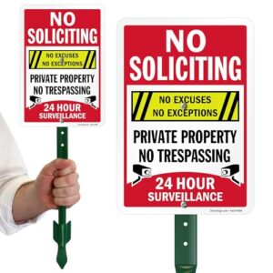 SmartSign “No Soliciting No Excuses - Private Property, No Trespassing, 24 Hour Surveillance” Sign for Lawn | 21” Tall Stake & Sign Kit