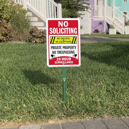 SmartSign “No Soliciting No Excuses - Private Property, No Trespassing, 24 Hour Surveillance” Sign for Lawn | 21” Tall Stake & Sign Kit