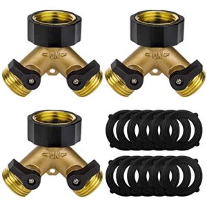 3 pack hose splitter, heavy duty garden hose splitter 2 way y valve hose connector splitter solid brass garden hose adapter with extra 12 rubber washers, fit for all standard faucet and garden hose