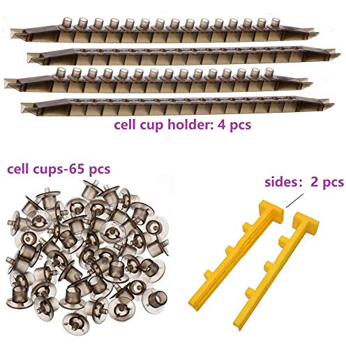 JZBZ Beekeeping Queen Cell Cup Holder Frame Bar and Mounted Queen Cell Cups (2 pcs Sides and 4 pcs Cell Cup Holder Bars Plus 65 pcs Cell Cups)