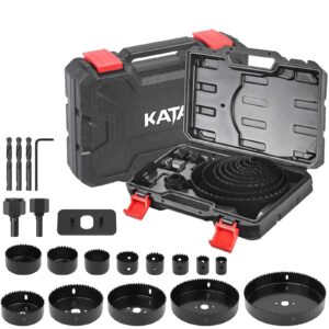 kata hole saw set 20pcs hole saw kit with 3/4"-6"(19-152mm) 13pcs saw blades, 2 mandrels, 3 drill bits, 1 installation plate, 1 hex key, ideal for soft wood, plywood, drywall, pvc