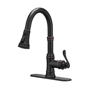 bwe kitchen faucet with pull out sprayer 3 spray modes oil rubbed bronze single handle high arc kitchen sink faucet with deck plate lead-free commercial bar farmhouse pull down sprayer