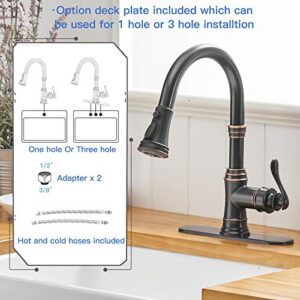 BWE Kitchen Faucet with Pull Out Sprayer 3 Spray Modes Oil Rubbed Bronze Single Handle High Arc Kitchen Sink Faucet with Deck Plate Lead-Free Commercial Bar Farmhouse Pull Down Sprayer