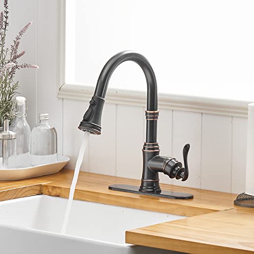 BWE Kitchen Faucet with Pull Out Sprayer 3 Spray Modes Oil Rubbed Bronze Single Handle High Arc Kitchen Sink Faucet with Deck Plate Lead-Free Commercial Bar Farmhouse Pull Down Sprayer