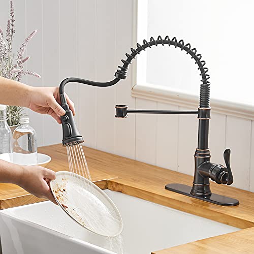 BWE Oil Rubbed Bronze Deck Mount Kitchen Faucet with Spray, Sweep, and Stream Modes