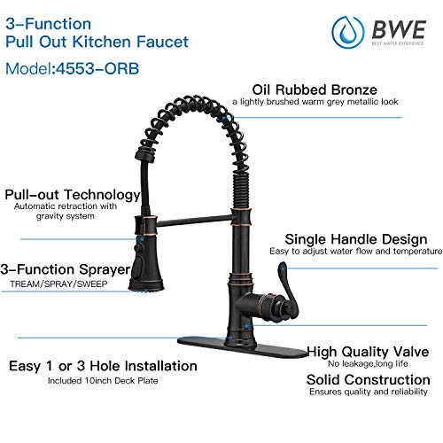 BWE Oil Rubbed Bronze Deck Mount Kitchen Faucet with Spray, Sweep, and Stream Modes