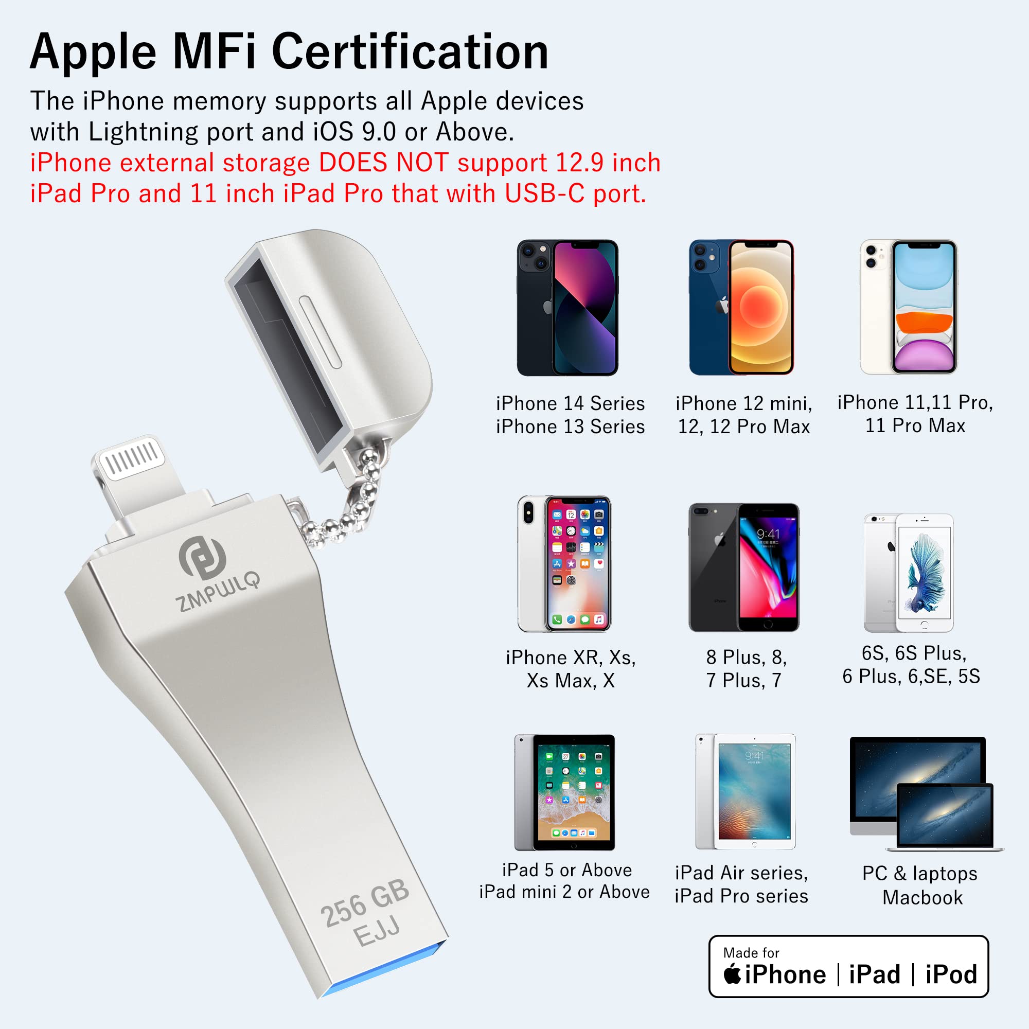 Apple MFi Certified 256GB Photo-Stick for iPhone External-iPhone-Storage iPhone-USB-Flash-Drive iPad Backup-Photo-Storage iPad USB-Thumb-Drive Data Transfer Device Memory Stick for iPhone/iPad/PC 1pcs