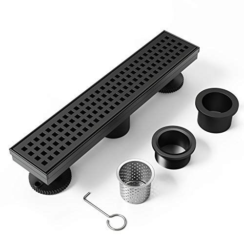 WEBANG 12 Inch Shower Linear Black Drain Rectangular Floor Drain with Accessories Square Hole Pattern Cover Grate Removable SUS304 Stainless Steel CUPC Certified Matte Black