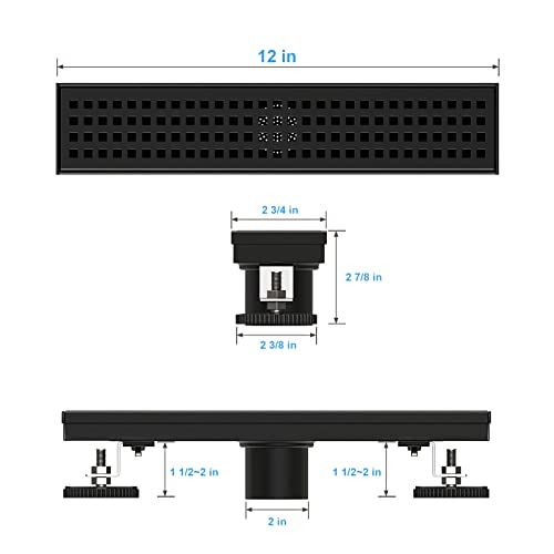 WEBANG 12 Inch Shower Linear Black Drain Rectangular Floor Drain with Accessories Square Hole Pattern Cover Grate Removable SUS304 Stainless Steel CUPC Certified Matte Black