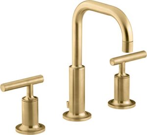kohler k-14406-4-2mb purist bathroom sink faucet, widespread low lever handles and low gooseneck spout, vibrant brush moderne brass