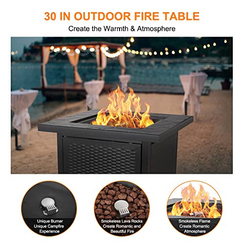CAMPLUX Propane Fire Pit Table, 30 Inch Outdoor Gas Fire Pits Table with Lava Rocks and Lid, Adjustable Flame, ETL Certified