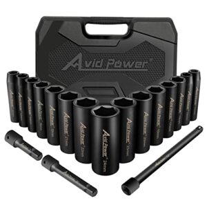 avid power 18pcs 1/2-inch drive impact socket set, 10-24mm metric sizes sockets and 3'' 5'' 10'' extension bar, 6 point, cr-v steel socket set