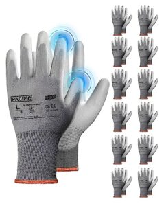 pacific ppe work gloves for men and women, touchscreen working gloves, 12 pairs bulk pack mechanic gloves, pu coated, mens gardening gloves, lightweight, grey, large