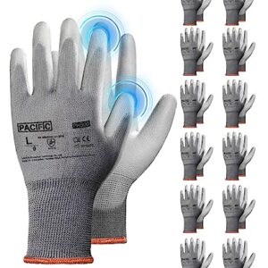 PACIFIC PPE Work Gloves for Men and Women, Touchscreen Working Gloves, 12 Pairs Bulk Pack Mechanic Gloves, PU Coated, Mens Gardening Gloves, Lightweight, Grey, Large