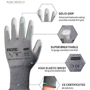 PACIFIC PPE Work Gloves for Men and Women, Touchscreen Working Gloves, 12 Pairs Bulk Pack Mechanic Gloves, PU Coated, Mens Gardening Gloves, Lightweight, Grey, Large