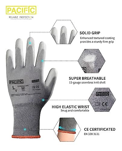 PACIFIC PPE Work Gloves for Men and Women, Touchscreen Working Gloves, 12 Pairs Bulk Pack Mechanic Gloves, PU Coated, Mens Gardening Gloves, Lightweight, Grey, Large