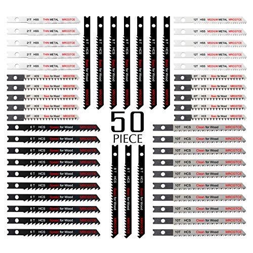 50PCS U-Shank Jigsaw Blades Set with Storage Case, Contractor Assorted HCS/HSS Jig Saw Blades for Wood, Plastic and Metal Cutting, 6T 8T 10T 12T 20T 21T