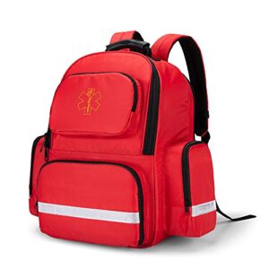 trunab first responder bag trauma backpack empty, medical emergency kits storage jump bag pack for emt, ems, police, firefighters, safety officers - patented design red