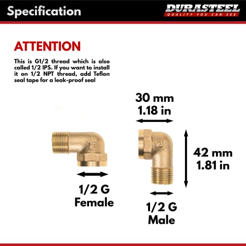 DuraSteel Wall Mount Faucet 90-Degree Elbow - Commercial Kitchen Faucet Space Saving Backsplash Kit - Heavy Duty 1/2" IPS Female x 1/2" IPS Male Brass Fitting, Pack of 2