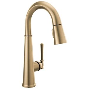 delta faucet emmeline gold bar faucet with pull down sprayer, bar sink faucet single hole, wet bar faucets with pull down sprayer, prep sink faucet, lumicoat champagne bronze 9982-cz-pr-dst