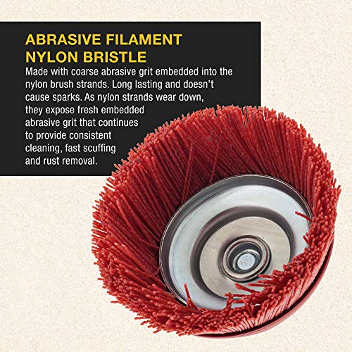 Dura-Gold 6" Abrasive Filament Nylon Bristle Cup Brush - Coarse Sanding Scuffing Brush, 5/8" 11 Thread, 1/4" Drill Arbor - Remove Rust, Corrosion, Paint - Surface Prepping for Truck Bed Liner Coatings