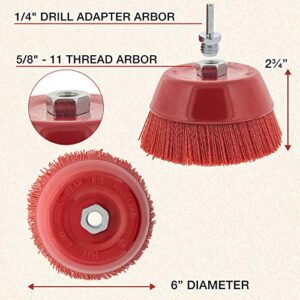 Dura-Gold 6" Abrasive Filament Nylon Bristle Cup Brush - Coarse Sanding Scuffing Brush, 5/8" 11 Thread, 1/4" Drill Arbor - Remove Rust, Corrosion, Paint - Surface Prepping for Truck Bed Liner Coatings