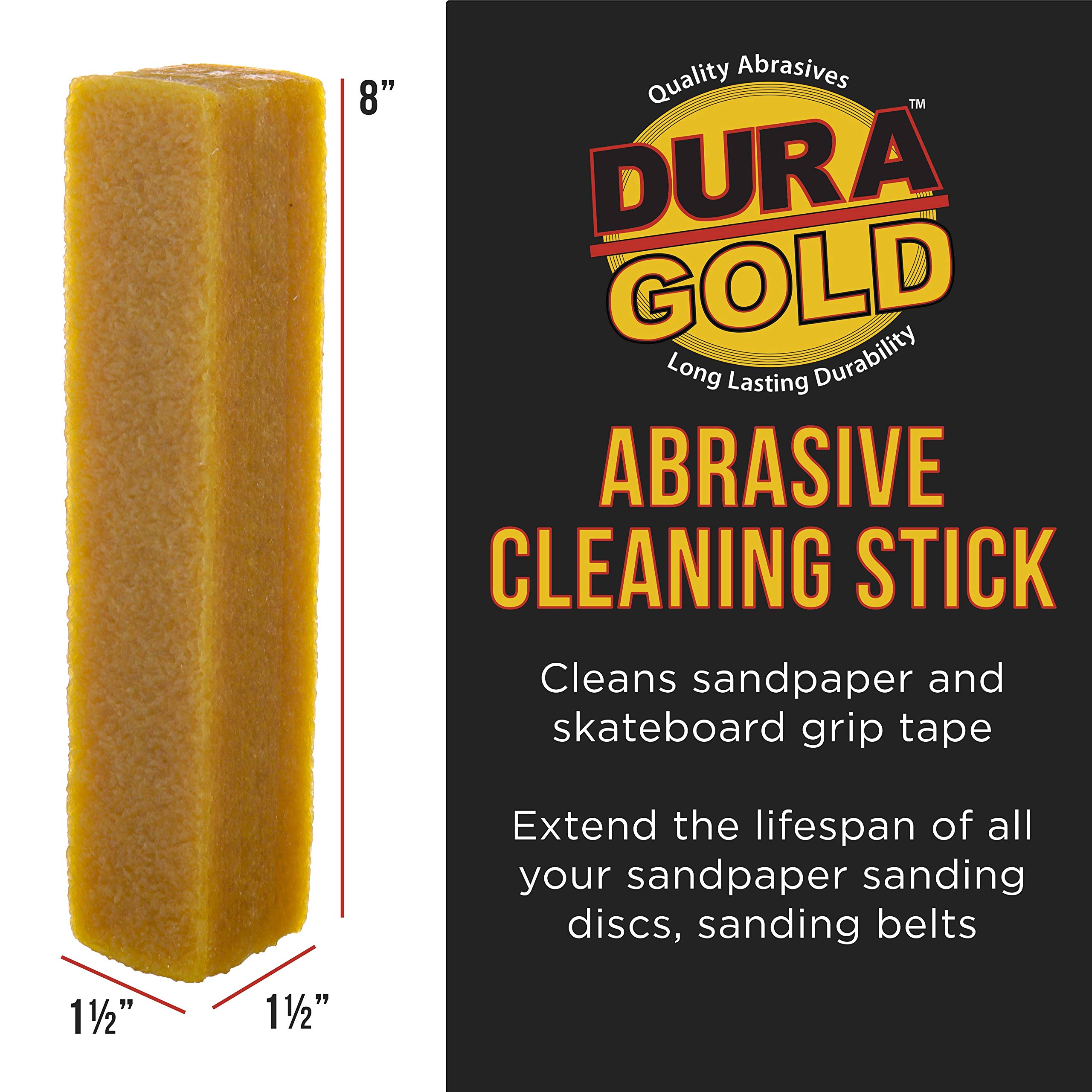 Dura-Gold Abrasive Cleaning Stick for Sanding Discs, Sandpaper Belts, Skateboards - 8" Long Natural Rubber Eraser Stick - Grip Tape Cleaner, Dirt, Grim, Debris - Clean Sander, Remove Sawdust, Residue