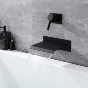 sumerain Wall Mount Bathtub Faucet Black with Waterfall Tub Spout Single Handle with Rough in Valve High Flow