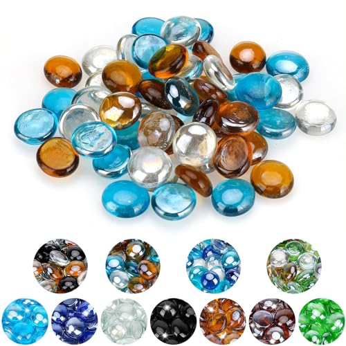 Mr. Fireglass 10 Pound Blended Fire Glass Beads, 1/2" High Luster Mixed Colored Fire Glass Drops for Fireplace Fire Pit & Lanscaping, Caribbean Blue, Crystal Ice, Caramel