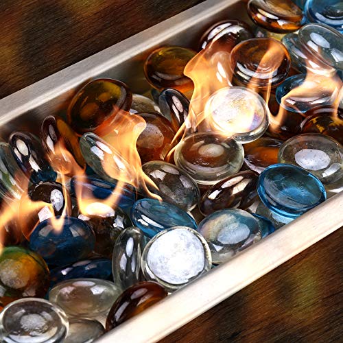 Mr. Fireglass 10 Pound Blended Fire Glass Beads, 1/2" High Luster Mixed Colored Fire Glass Drops for Fireplace Fire Pit & Lanscaping, Caribbean Blue, Crystal Ice, Caramel