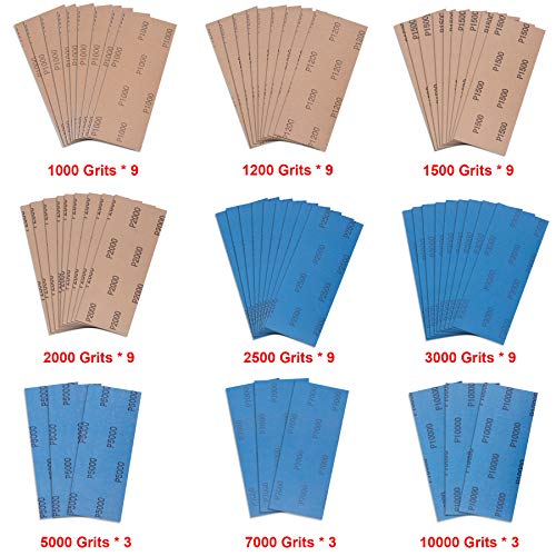 AUSTOR 63 Pcs Wet and Dry Sandpaper Assorted 1000, 1200, 1500, 2000, 2500, 3000, 5000, 7000, 10000 Grit Abrasive Paper Assortment Sanding Sheets for Automotive Sanding Wood Furniture Finishing