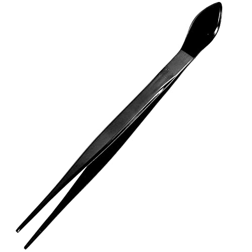 KAKURI Bonsai Tweezers Straight Serrated Tips with Spatula 8.8" Professional Bonsai Tool, Japanese Stainless Steel Black Coated, Made in JAPAN