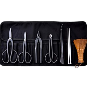 KAKURI Japanese Bonsai Tool Set 7 Pcs, Made in JAPAN, Professional Bonsai Kit (Satsuki Scissors, Long Handle Bonsai Scissors, Jin Pliers, Wire Cutter, Bonsai Tweezers, Root Hook, Broom, Bag)