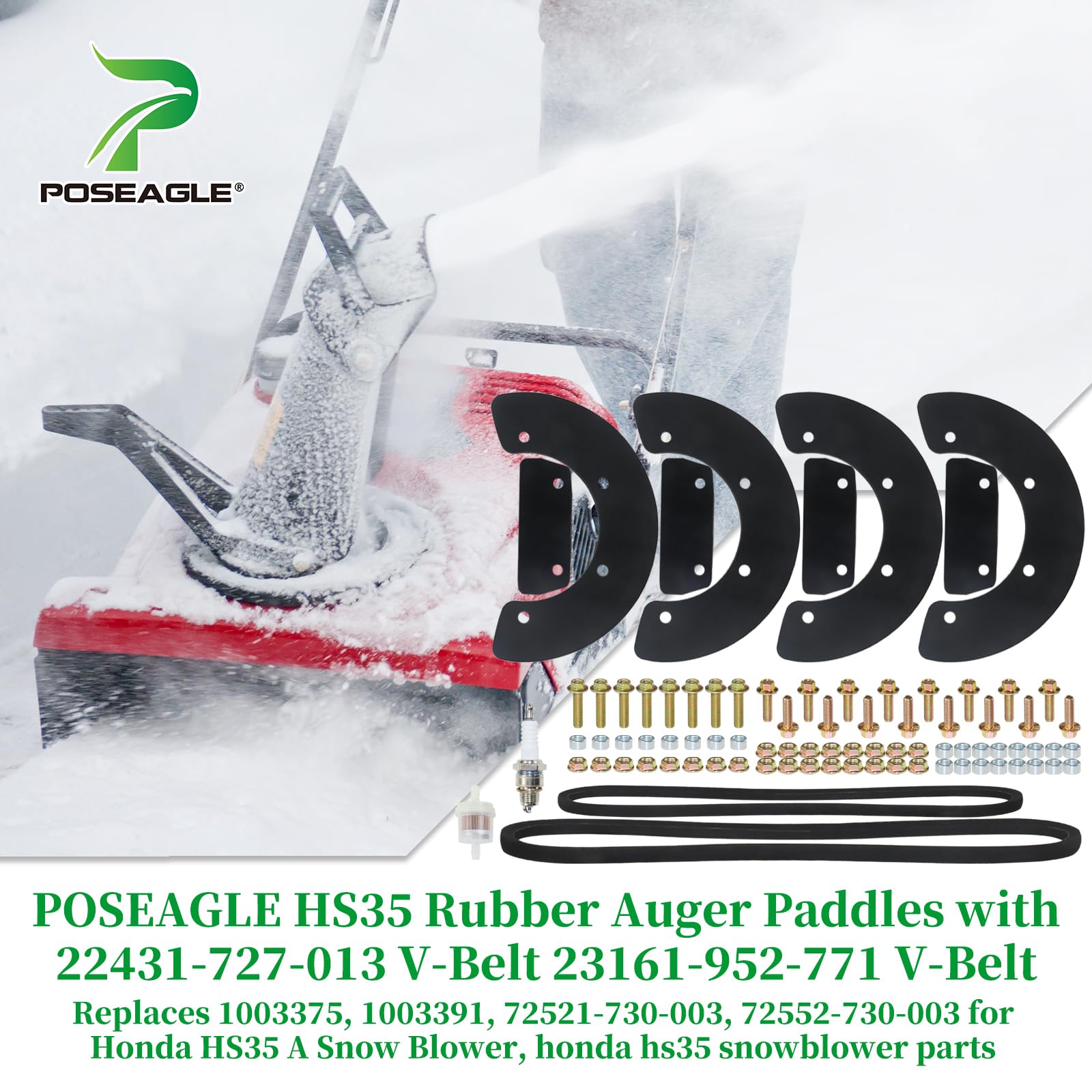 POSEAGLE HS35 Paddles Replaces Honda 72521-730-003, 72552-730-003, 1003375, 1003391 with 22431-727-013 V-Belt 23161-952-771 V-Belt, Honda HS35 Snowblower Parts, Honda HS35 Paddles