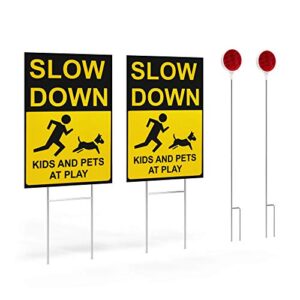 CORQUE Kids at Play Safety Signs for Street, Slow Down & Caution Warning - 2 Pack Double Sided with High Visibility Reflectors & Adjustable Metal Stakes Set - Children Playing Yard Road Visual Signal