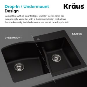 KRAUS KGD-442 Quarza 33-inch 33” Dual Mount 60/40 Double Bowl Granite Kitchen Sink in Black
