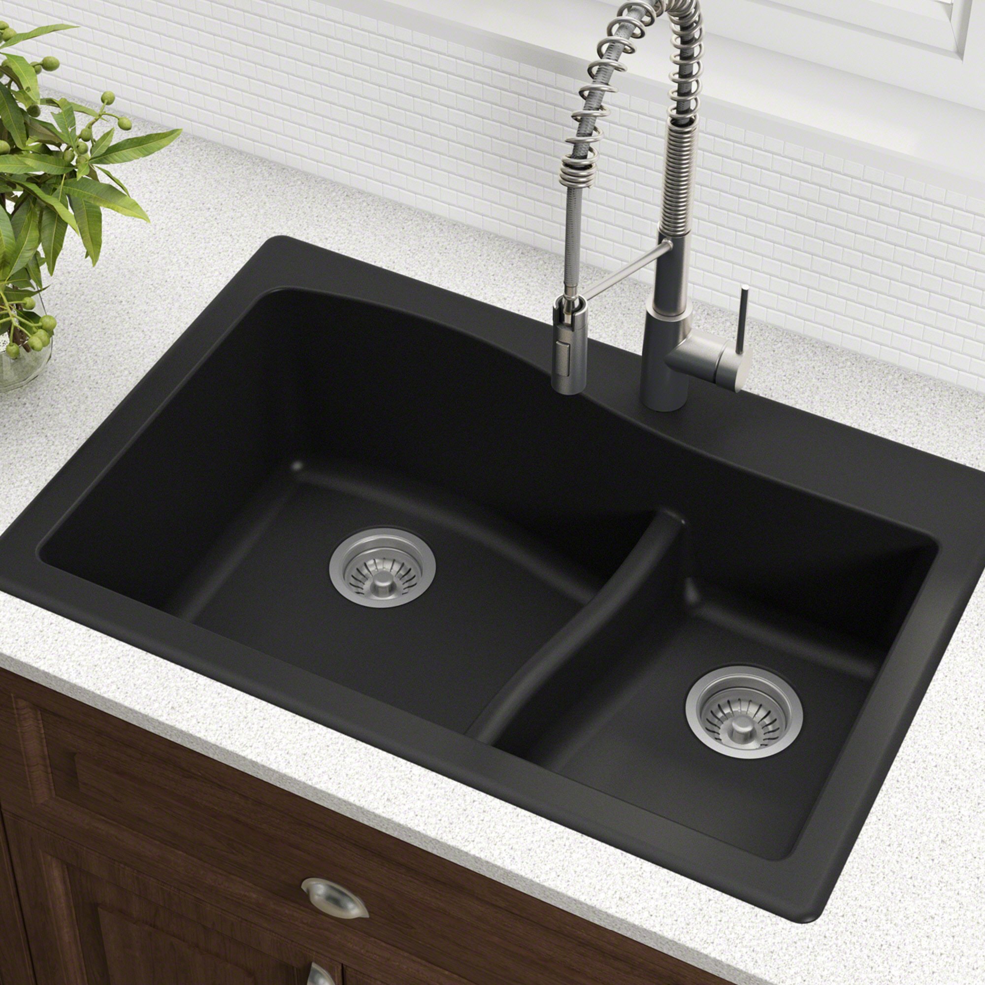 KRAUS KGD-442 Quarza 33-inch 33” Dual Mount 60/40 Double Bowl Granite Kitchen Sink in Black