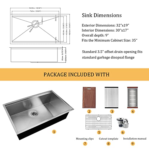 CELAENO 32-inch Undermount Kitchen Sink,Single Bowl Stainless Steel Kitchen Sink 18 Gauge,Workstation R0 Radius Handmade All in One Kitchen Sink with Ledge