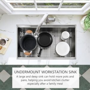 CELAENO 32-inch Undermount Kitchen Sink,Single Bowl Stainless Steel Kitchen Sink 18 Gauge,Workstation R0 Radius Handmade All in One Kitchen Sink with Ledge