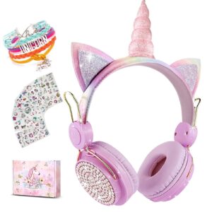 unicorn wireless headphones for kids,cat ear bluetooth 5.0 over ear headphones with microphone for cellphone/ipad/laptop/pc/tv/ps4/xbox one, foldable stereo gaming headset for girls teens gift
