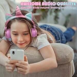 Unicorn Wireless Headphones for Kids,Cat Ear Bluetooth 5.0 Over Ear headphones with Microphone for Cellphone/iPad/Laptop/PC/TV/PS4/Xbox One, Foldable Stereo Gaming Headset for Girls Teens Gift