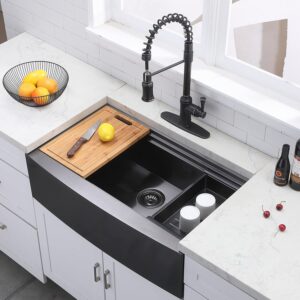 kingo home 33 inch black farmhouse sink, 16 gauge ledge stainless steel rustic farmhouse sink apron front undermount farm kitchen sink with accessories farmers sink rustic farmhouse kitchen sink